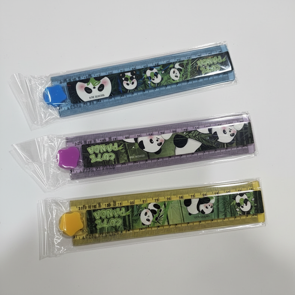 Three Cute Panda folding rulers in blue, purple and yellow on white background