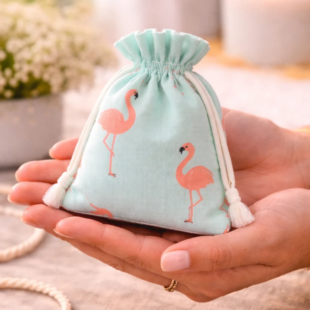 Mint green flamingo printed potli bag held in hand showing size
