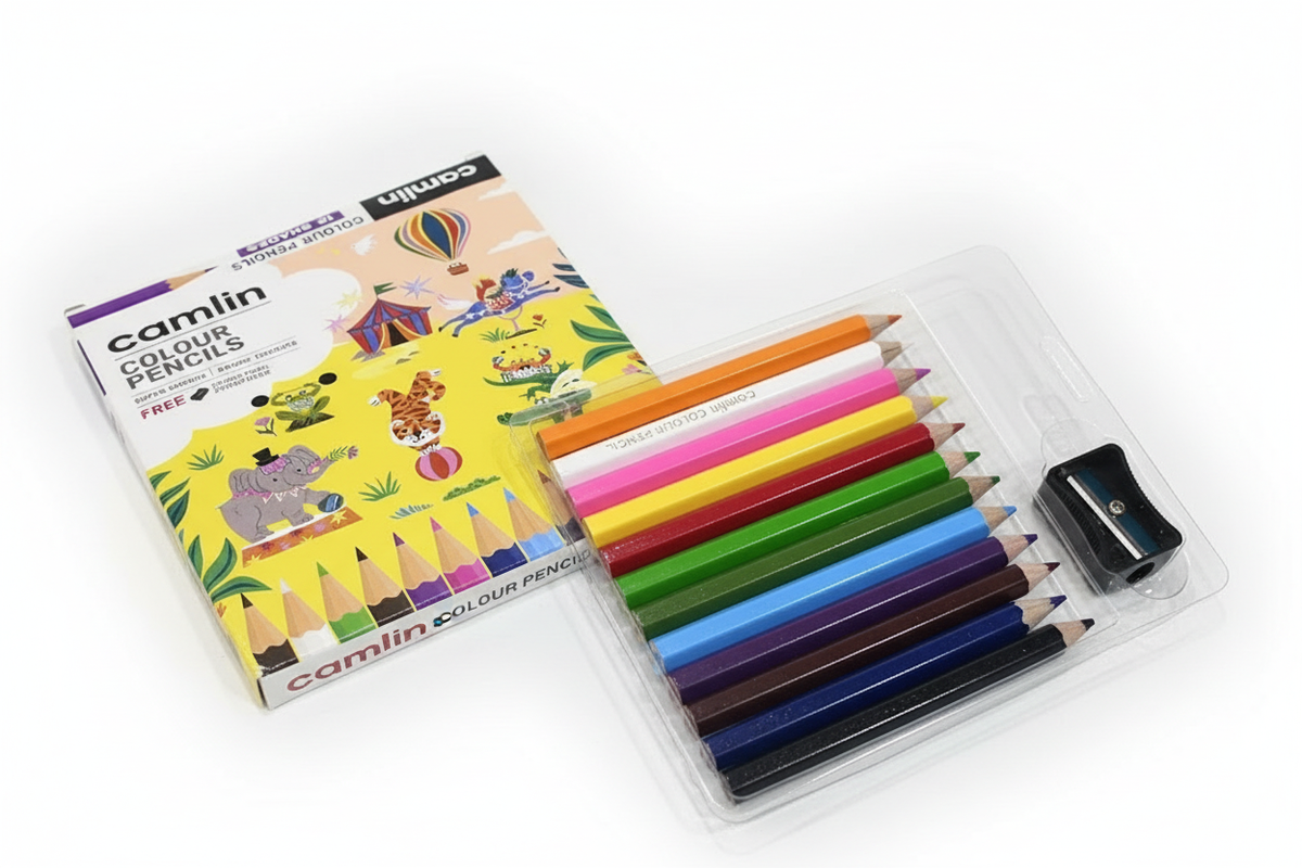 Camlin 12 Colour Pencils open box showing all pencils and sharpener