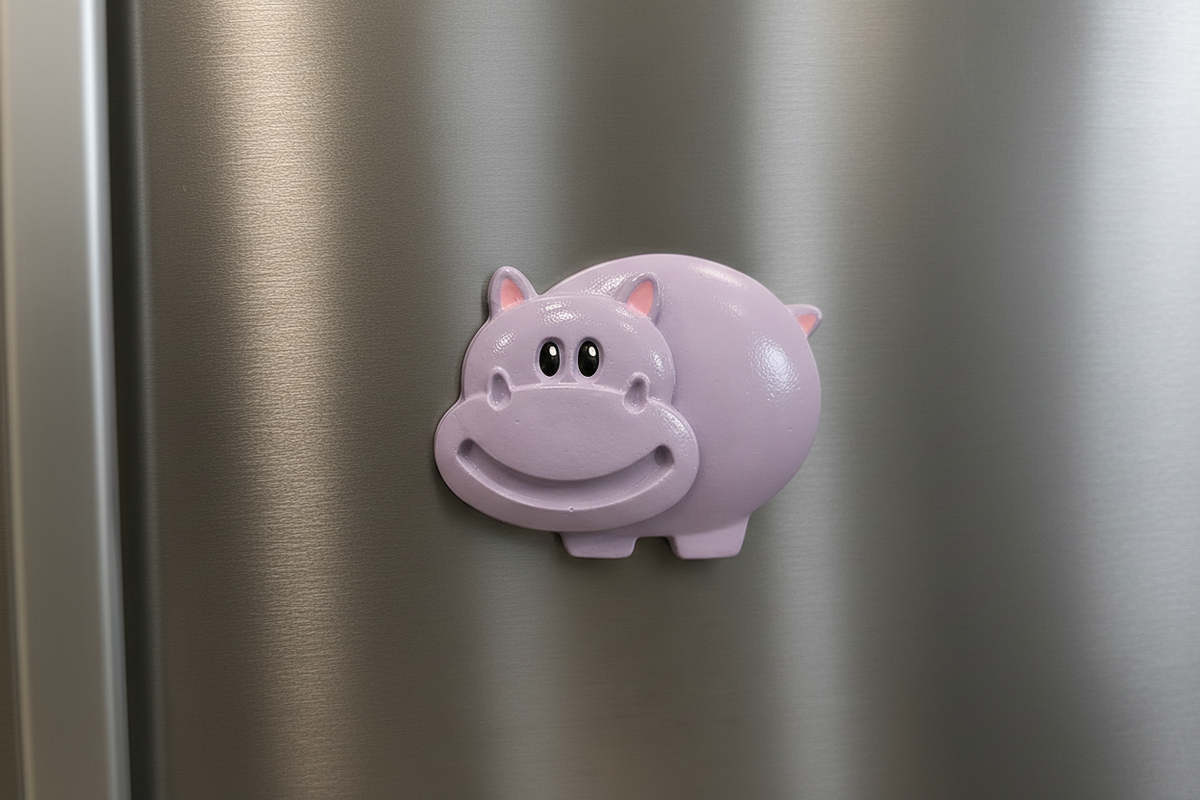 Purple painted hippo fridge magnet on silver refrigerator