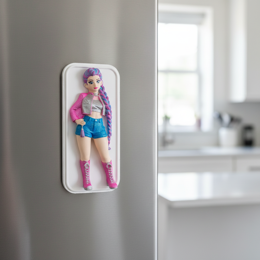 Painted K-Pop girl figurine fridge magnet on refrigerator door
