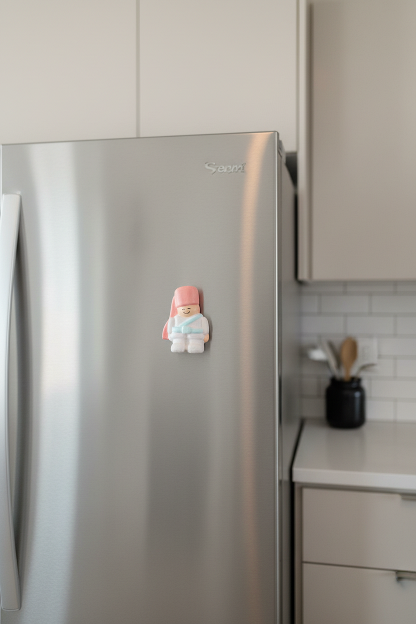 Painted soldier plaster magnet on stainless steel refrigerator
