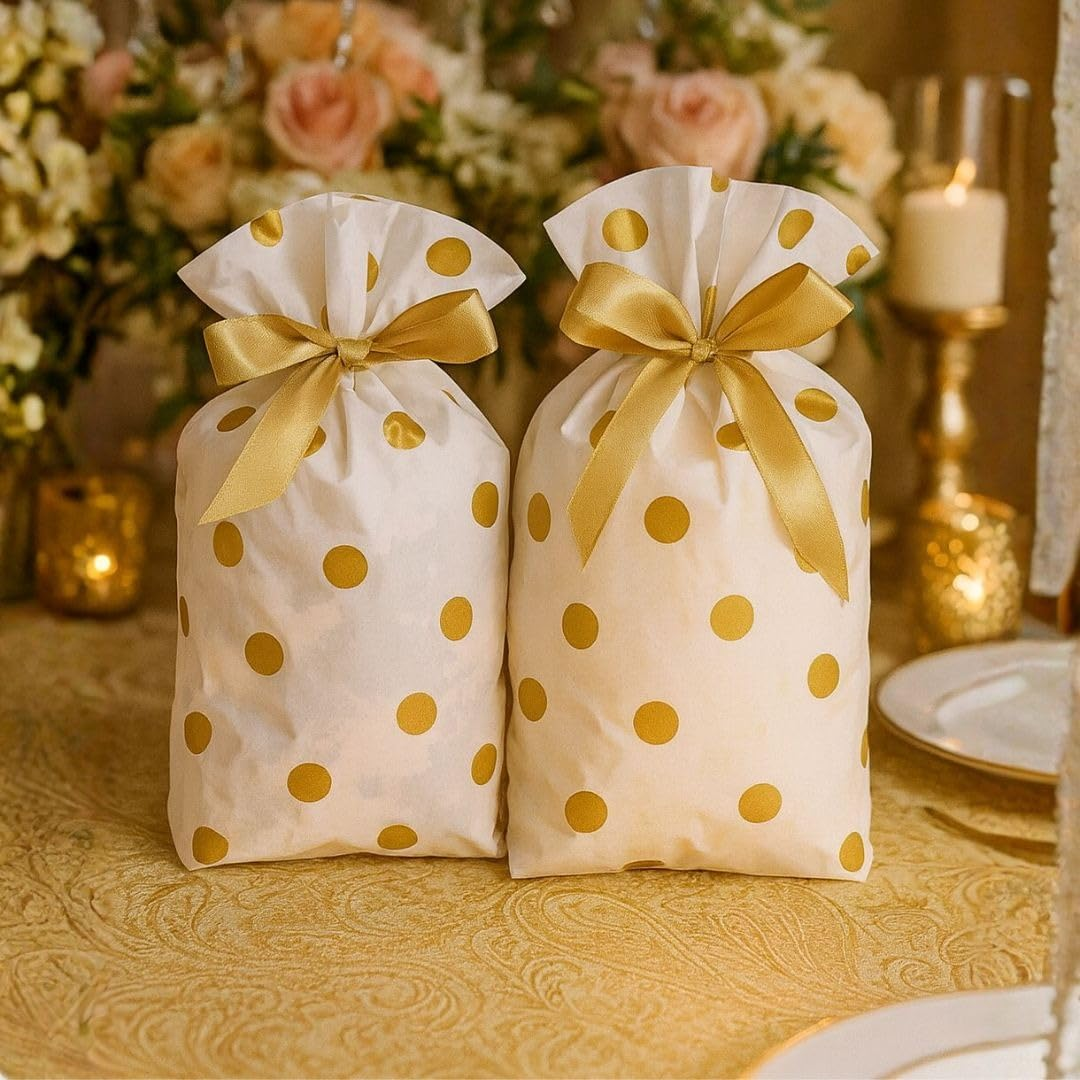 Two white and gold polka dot gift pouches with satin ribbon bows on a wedding table with flowers and candles