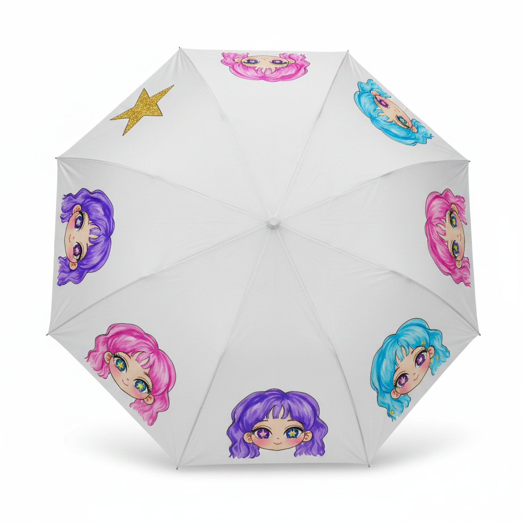 KPOP Stars DIY Umbrella Activity Kit - painted with coloured chibi faces and stars
