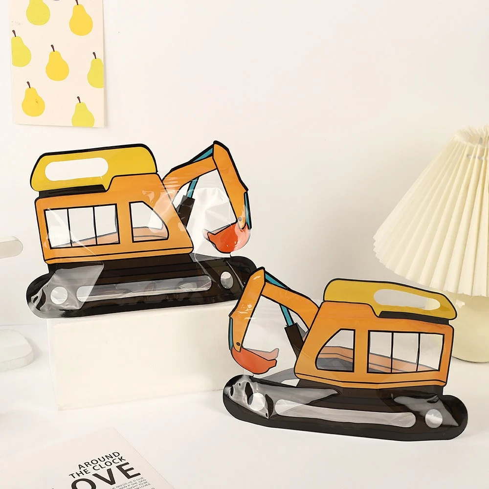 Two orange excavator bulldozer design gift bags with transparent window displayed on white surface