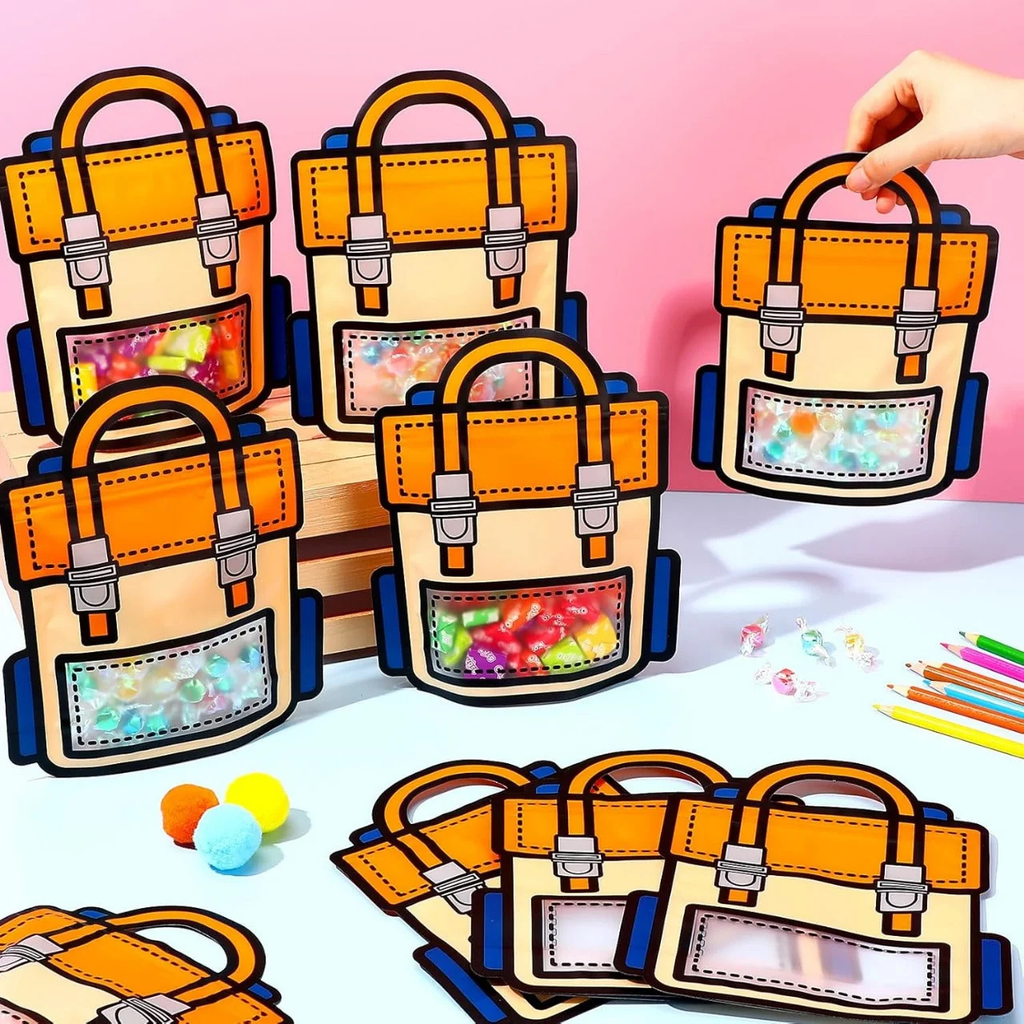 Multiple orange cartoon school backpack design ziplock gift bags filled with colourful candies on a table