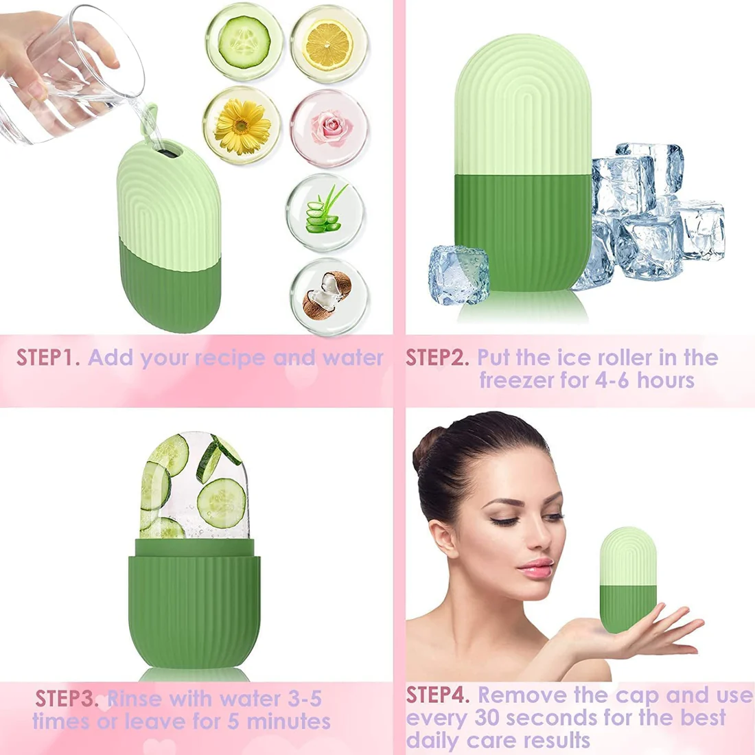 4-step how to use guide for green silicone ice roller - add ingredients, freeze, rinse and roll on face