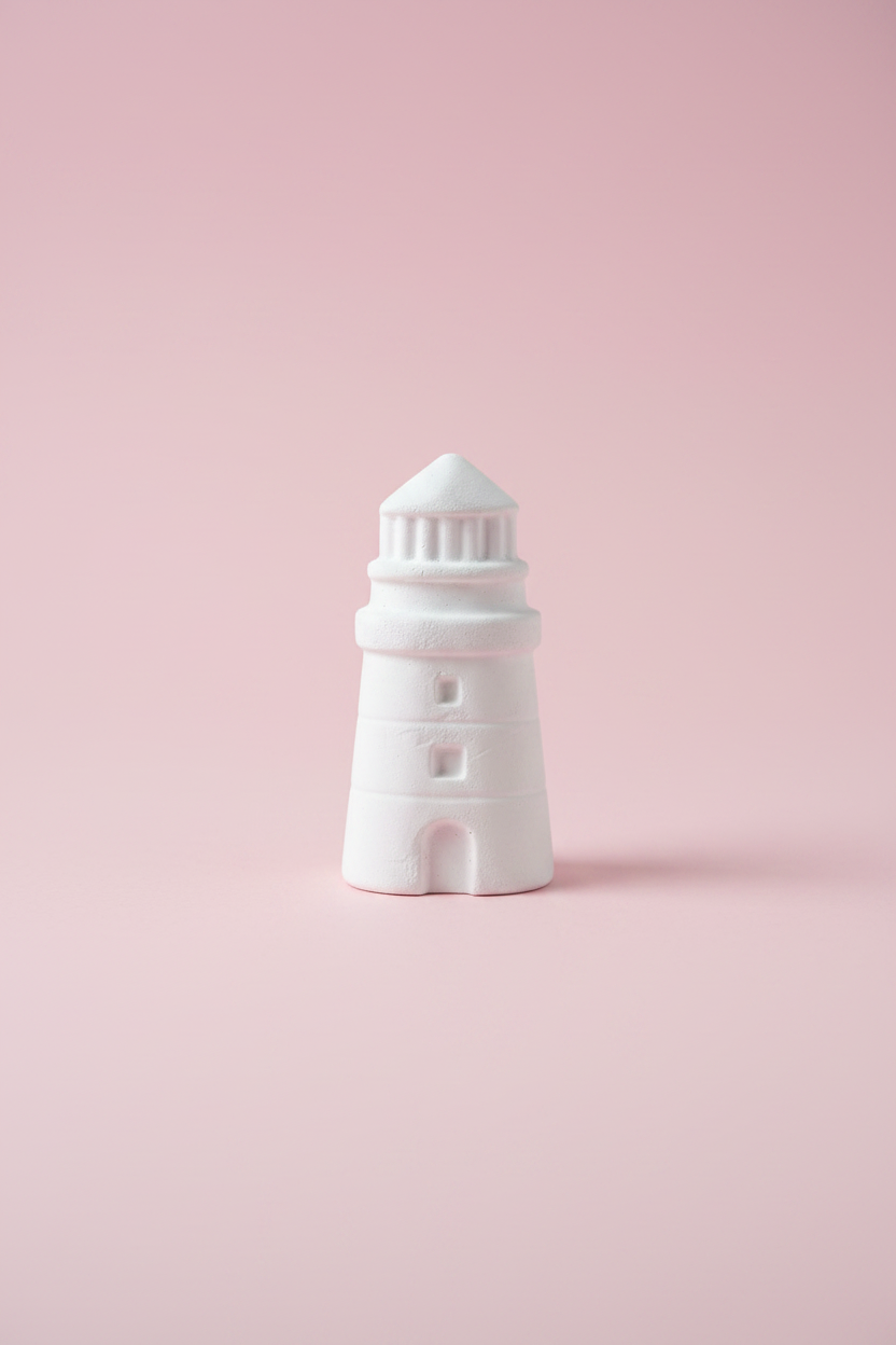 White unpainted plaster lighthouse figure on pastel pink surface