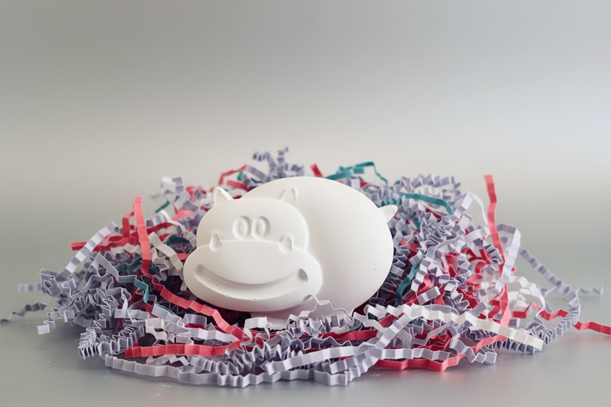 White hippo plaster figure with silver background and colourful shredded paper