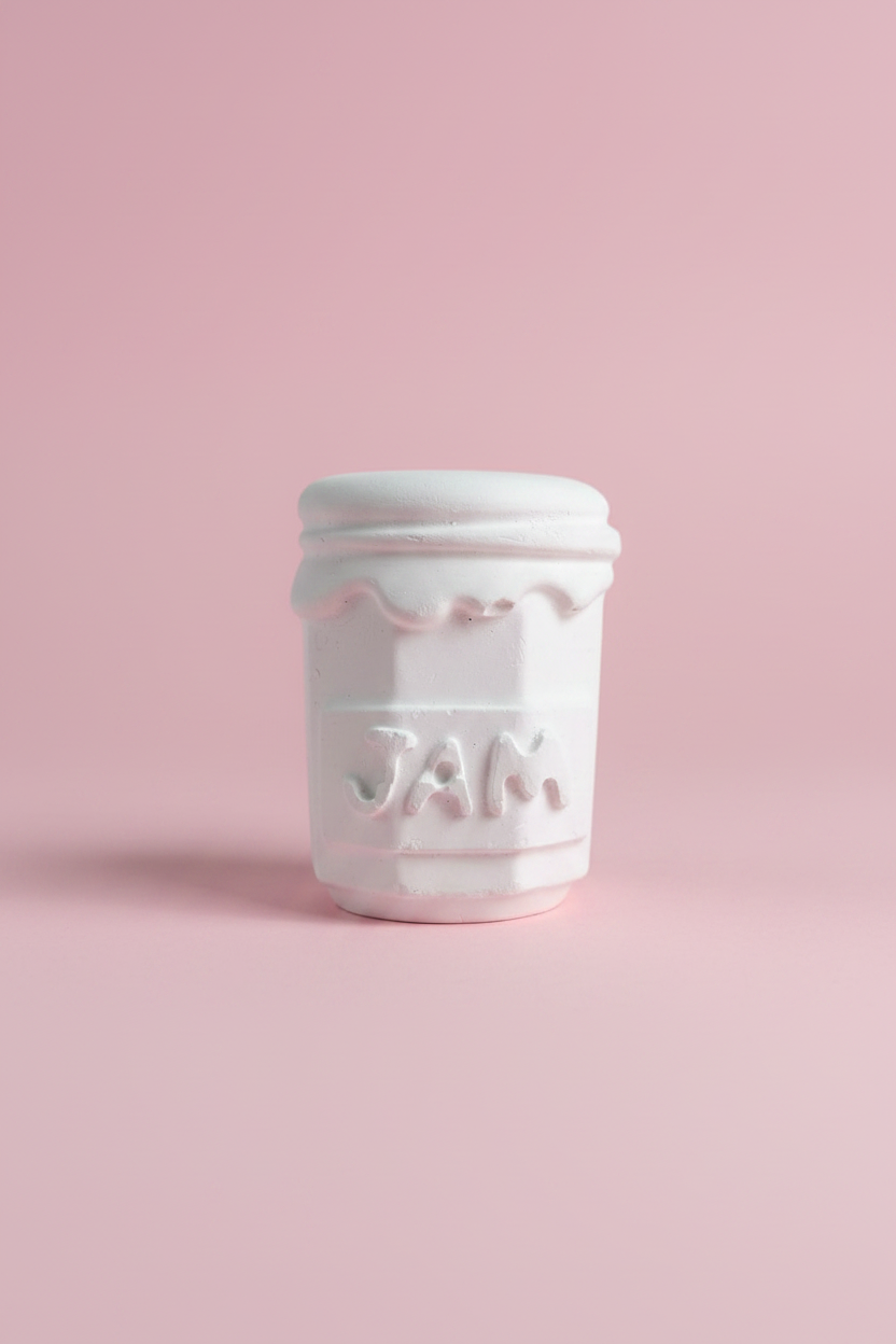 White unpainted plaster jam jar figure on pastel pink surface