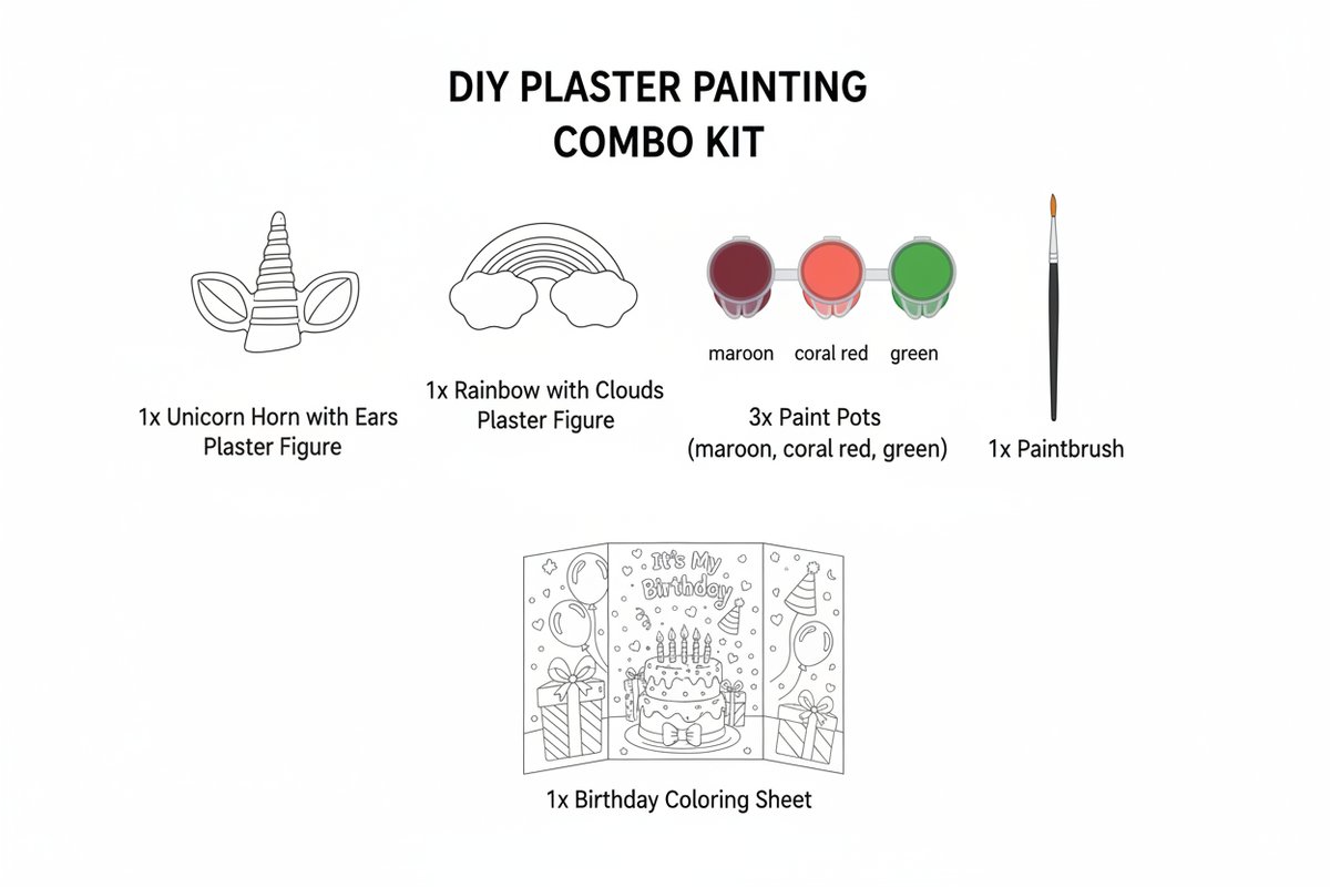 Unicorn horn and rainbow DIY fridge magnet kit contents diagram