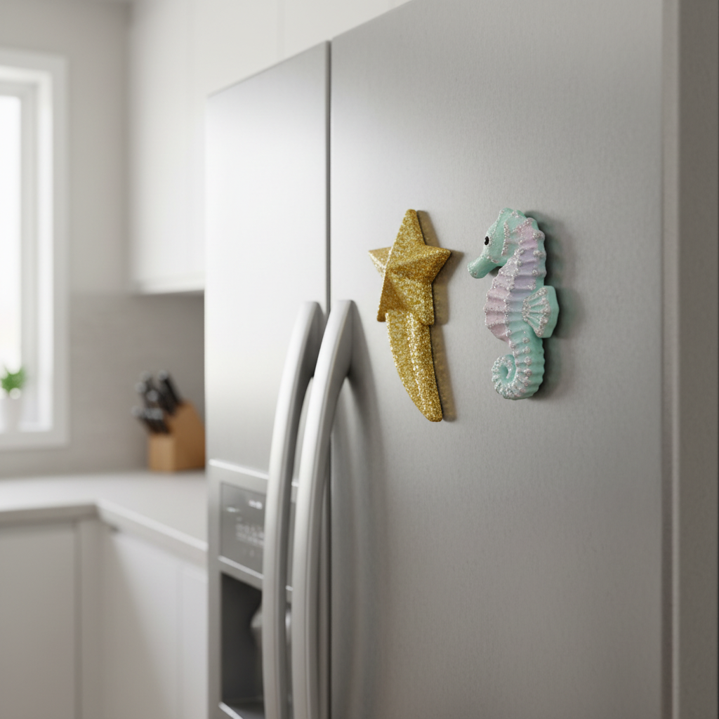 Painted shooting star and seahorse fridge magnets on stainless steel fridge