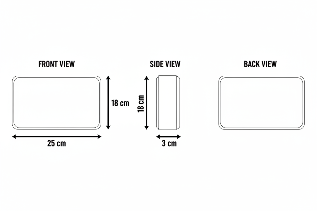 Kids name plaque dimensions diagram - front, side and back views