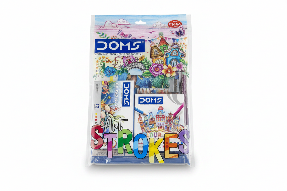 DOMS Art Strokes Kit front view showing MRP Rs 149 and contents