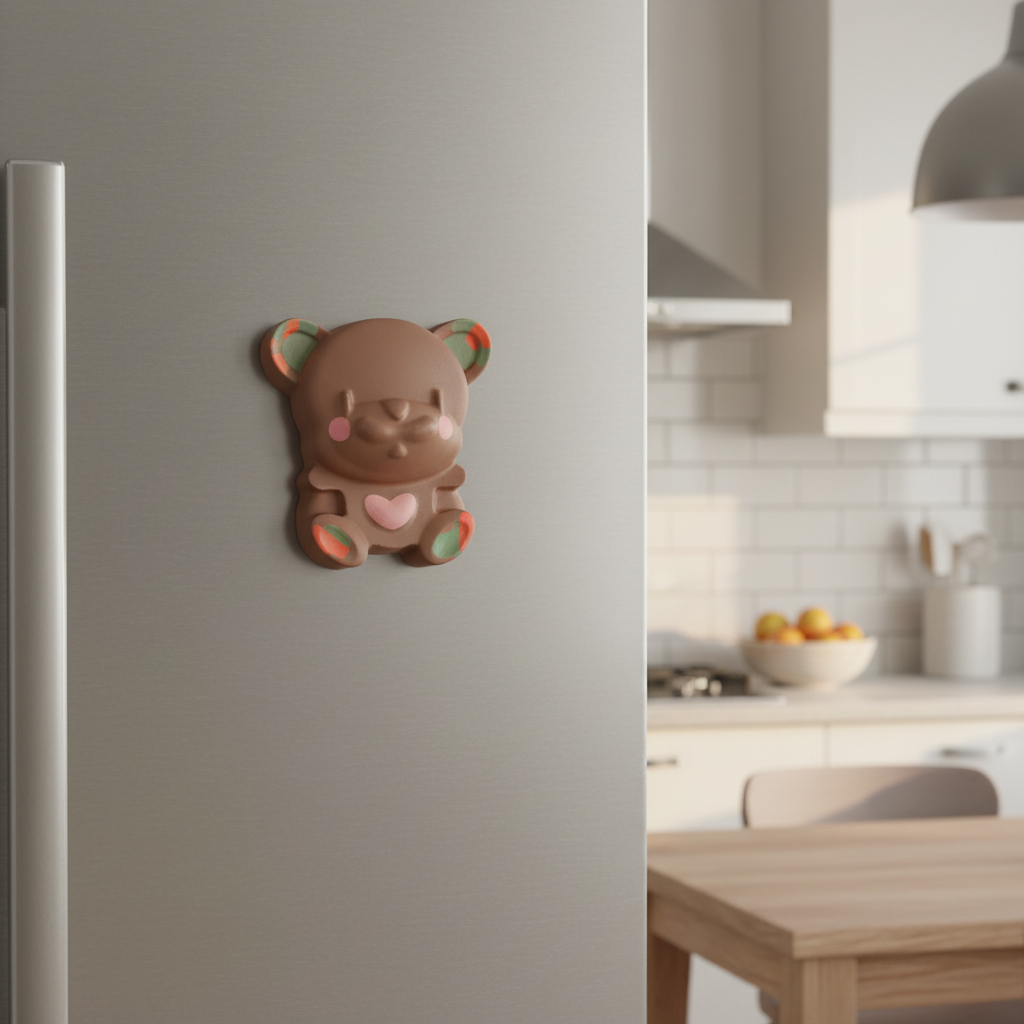 Painted teddy bear fridge magnet on stainless steel fridge