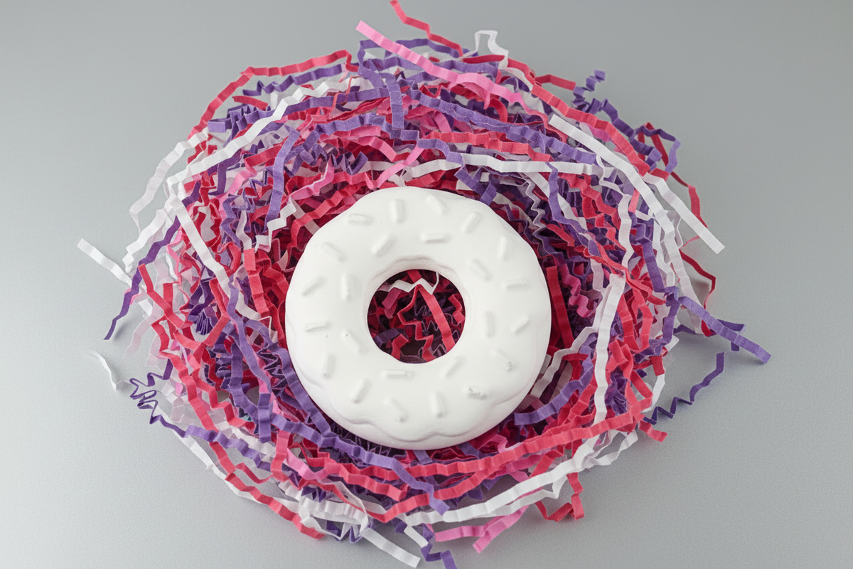 White donut plaster figure beautified with silver background and colourful shredded paper