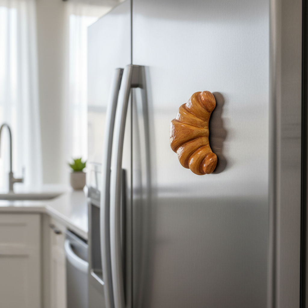 Painted croissant fridge magnet on stainless steel fridge