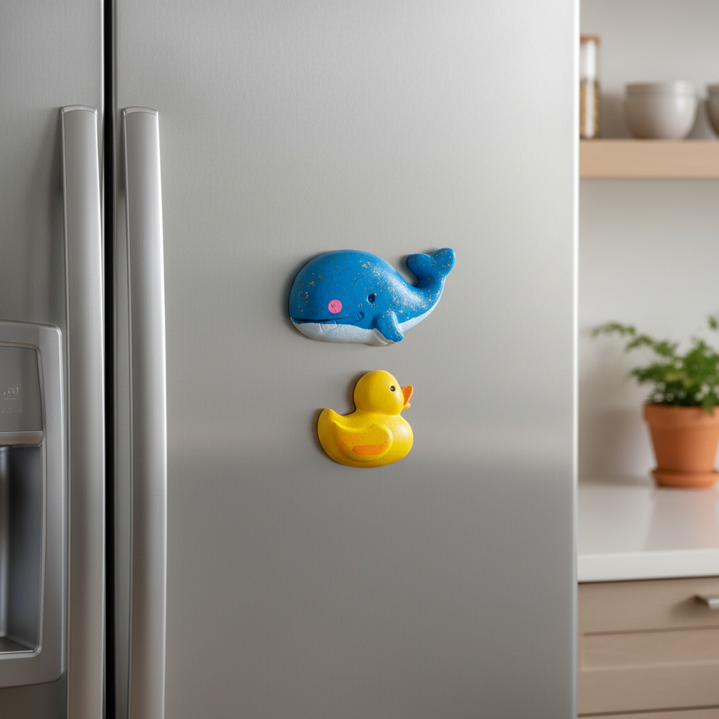 Painted whale and duck fridge magnets on stainless steel fridge