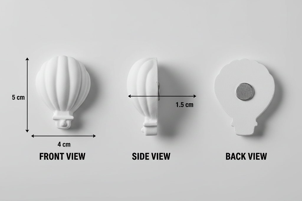 Hot Air Balloon Plaster Fridge Magnet - Front Side Back View with Measurements
