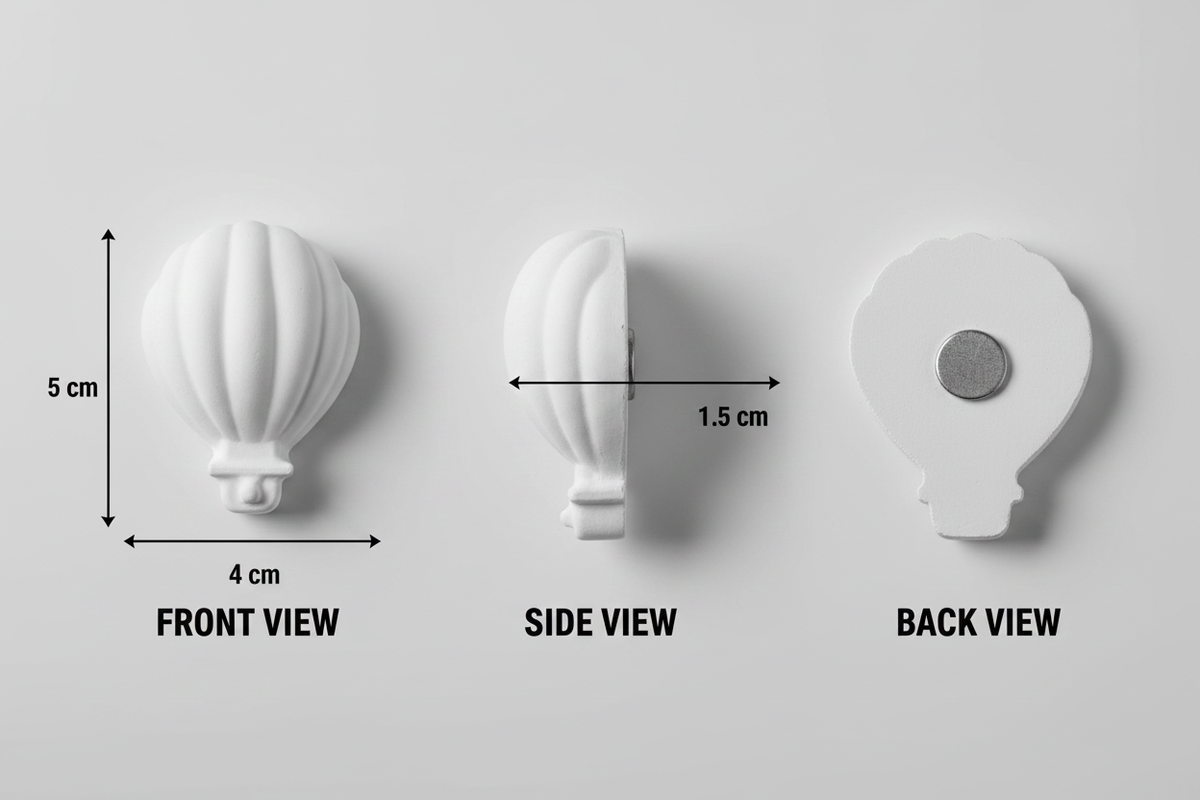 Hot Air Balloon Plaster Fridge Magnet - Front Side Back View with Measurements