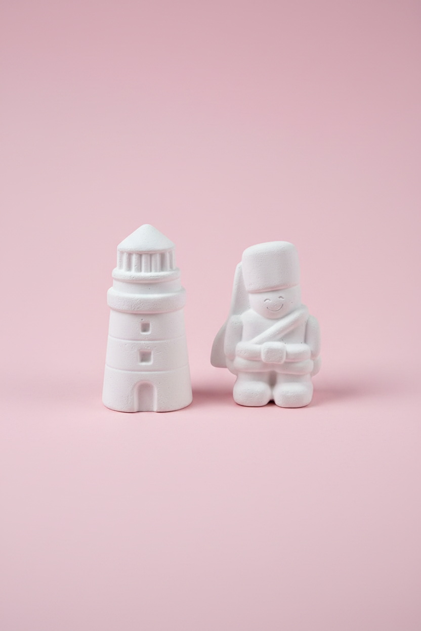 White unpainted plaster lighthouse and soldier figures on pastel pink surface