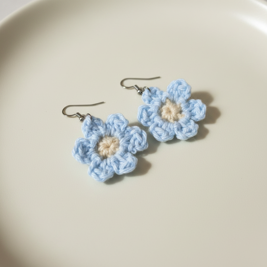 Blue crochet flower earrings flat lay