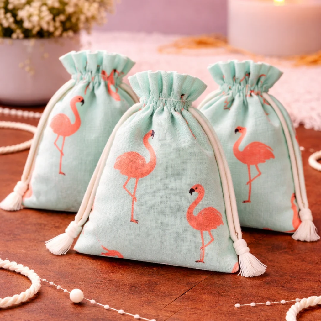 Set of three mint green flamingo printed potli drawstring gift bags