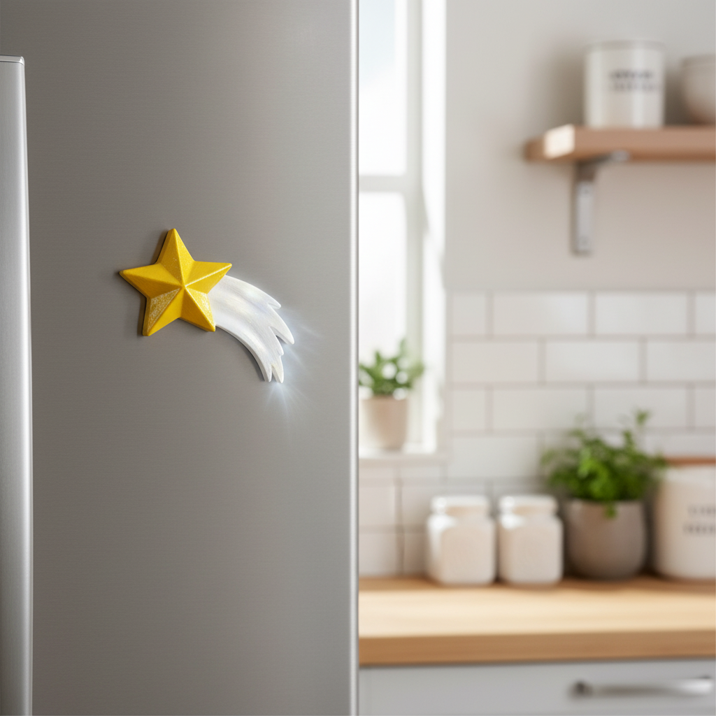 Shooting star painted fridge magnet on stainless steel fridge