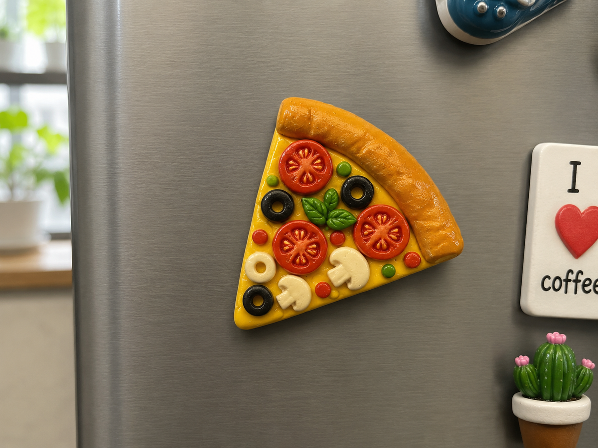 Colourful pizza slice fridge magnet on refrigerator