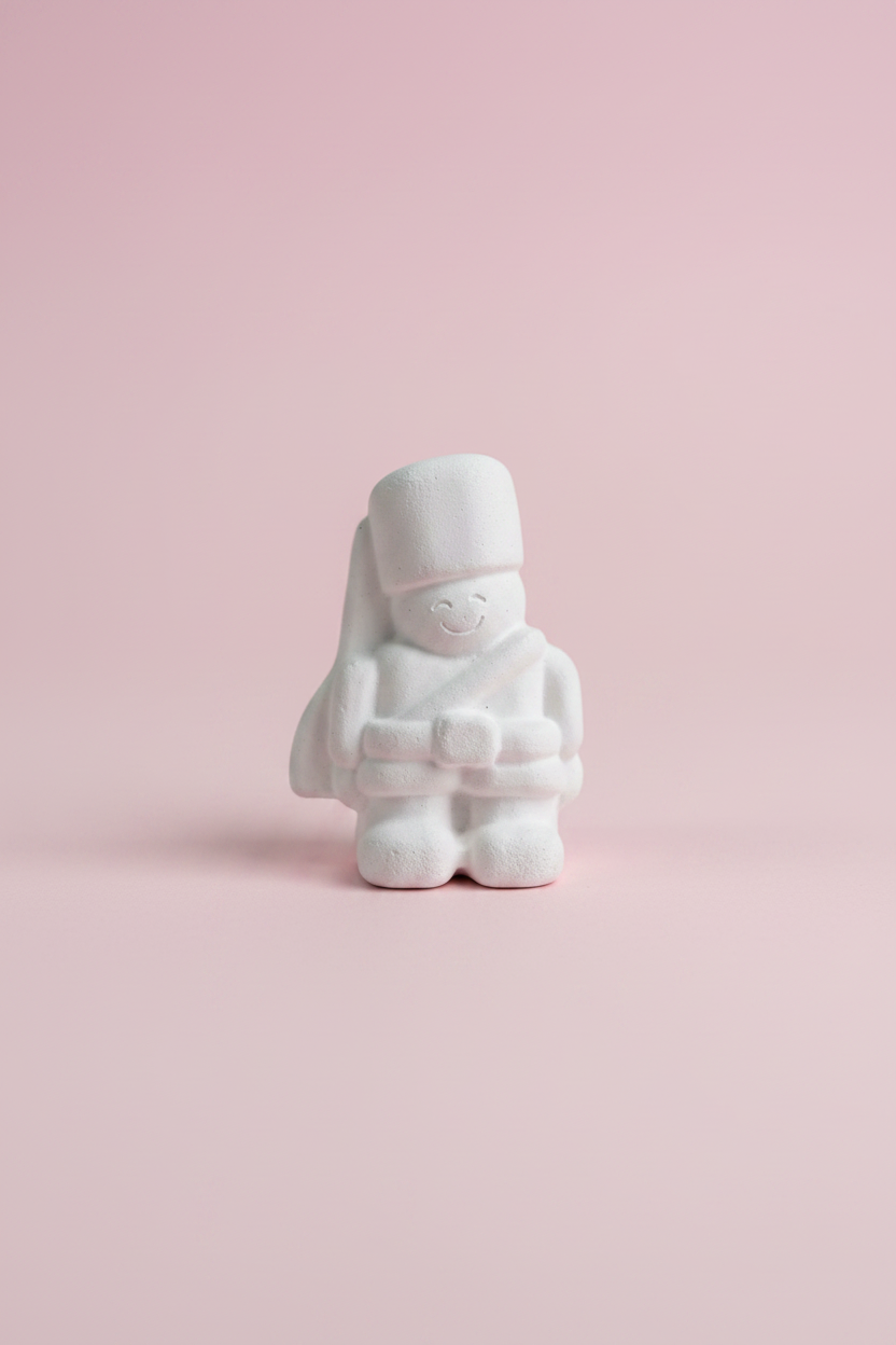 White unpainted plaster soldier figure on pastel pink surface