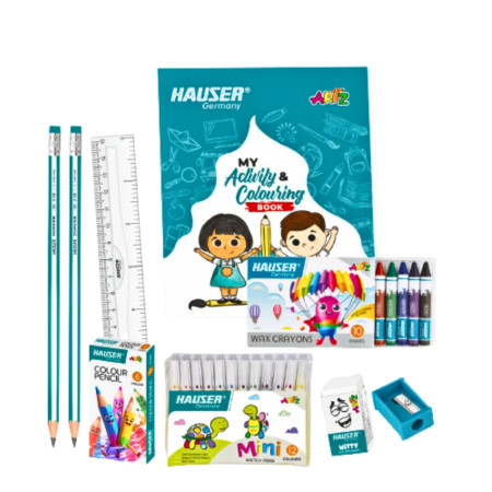 Hauser Artz Yung Artist Kit contents - pencils, crayons, markers, colouring book and more