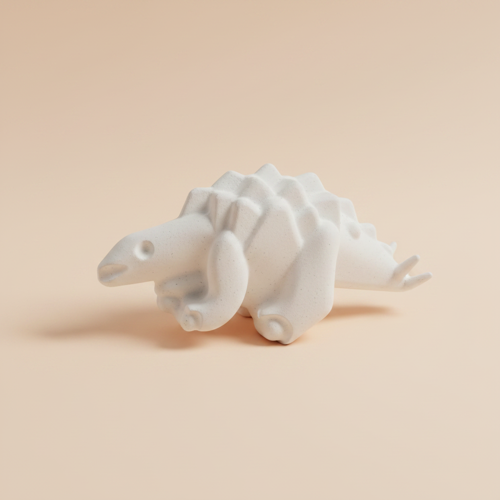 White plaster Stegosaurus dinosaur fridge magnet on soft light peach background